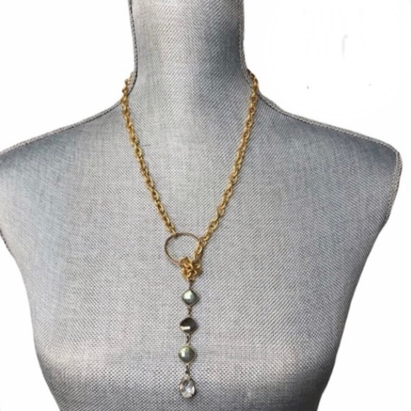 LARIAT Necklace Gold with Green and Grey CZ Crystals 28” Long - Picture 1 of 8